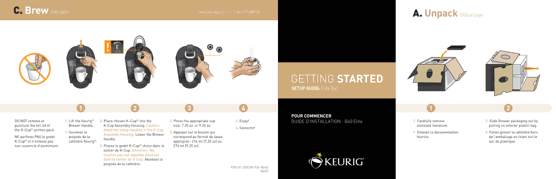 Keurig setup guide Getting Started, Brew Infusion, Unpack Déballage, Pour Commencer, Guide Dinstallation B40 Elite 