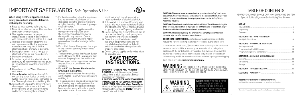 Keurig B60 manual Important Safeguards Safe Operation & Use, Table of Contents 