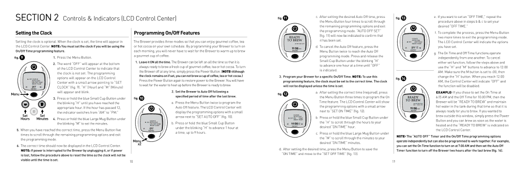 Keurig B60 manual Controls & Indicators LCD Control Center, Setting the Clock, Programming On/Off Features 