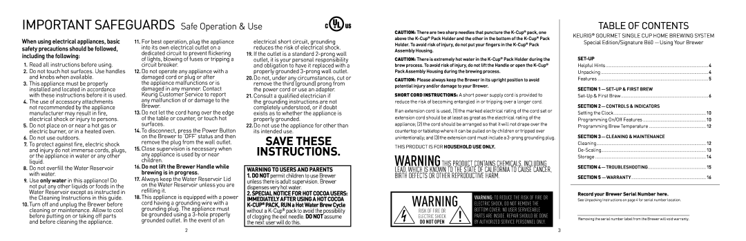 Keurig B60 manual IMPORTANT SAFEGUARDS Safe Operation & Use, Save These Instructions, Table Of Contents 
