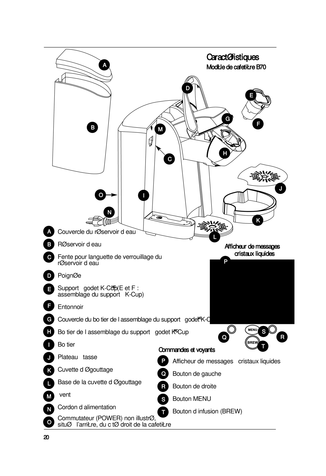 Keurig B70 manual Caractéristiques, Entonnoir, Boîtier de l’assemblage du support à godet K-CupMC, Plateau à tasse 