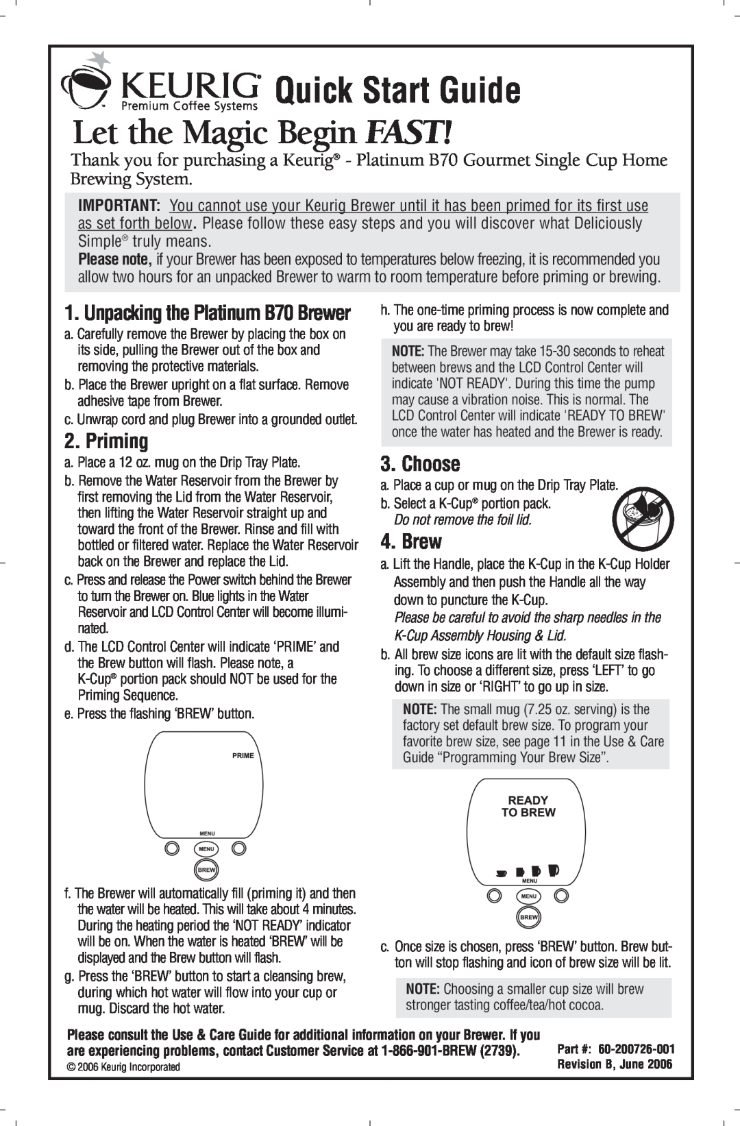 Keurig manual Use & Care Guide, PLATINUM B70, Please read and save these instructions 