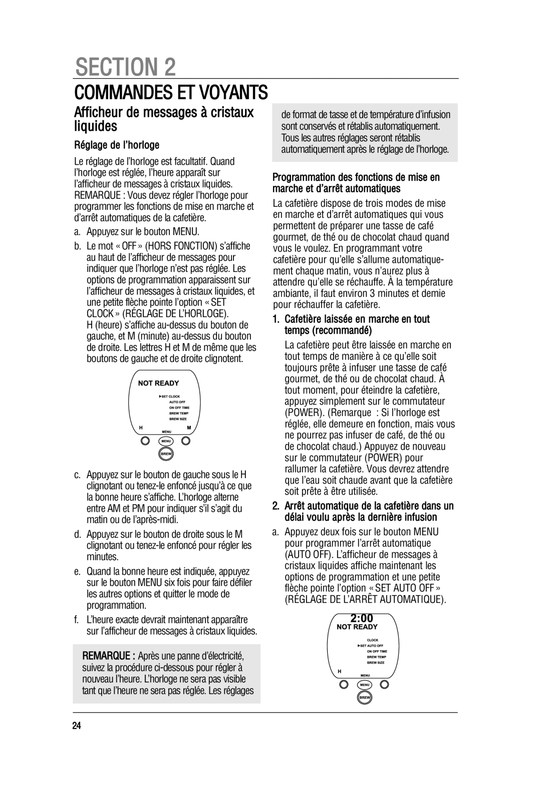 Keurig B70 manual Commandes Et Voyants, Afficheur de messages à cristaux liquides, Réglage de l’horloge, Section 