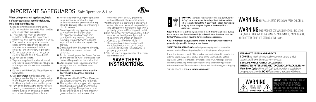 Keurig K10 owner manual Important Safeguards Safe Operation & Use 