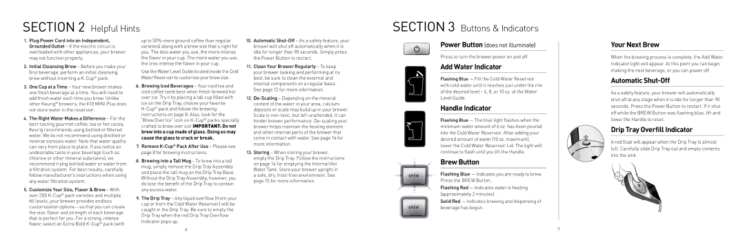 Keurig K10 owner manual Helpful Hints Buttons & Indicators 