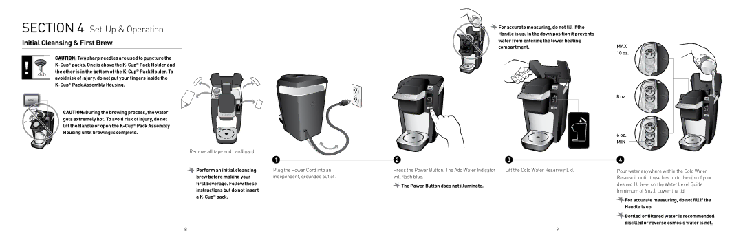 Keurig K10 owner manual Set-Up & Operation, Initial Cleansing & First Brew, Remove all tape and cardboard 