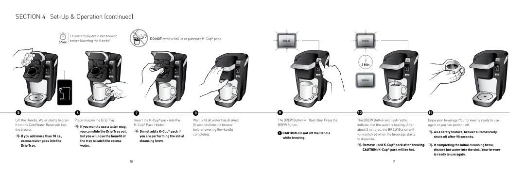 Keurig K10 owner manual Let water fully drain into brewer, Sec before lowering the Handle, Place mug on the Drip Tray 