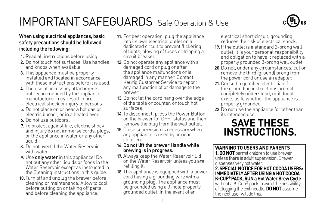 Keurig K40, K45 owner manual Important Safeguards Safe Operation & Use 