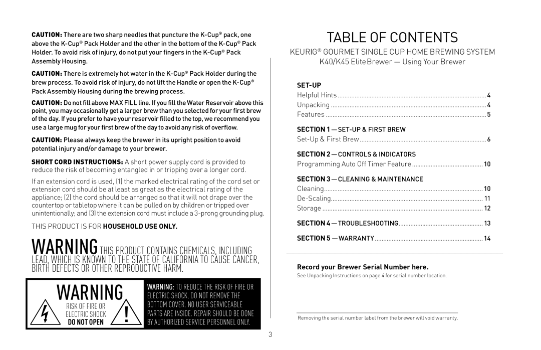 Keurig K45, K40 owner manual Table of Contents 