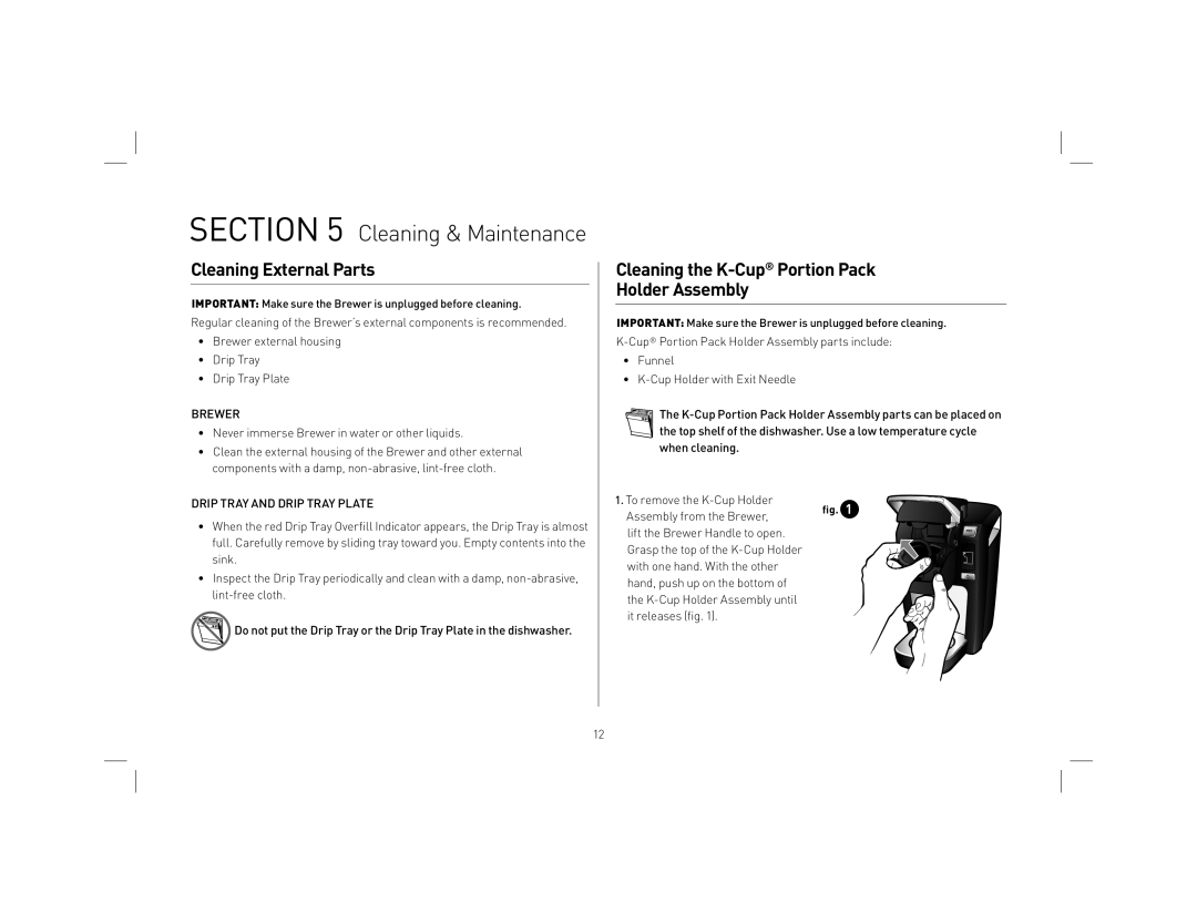 Keurig KB31 owner manual Cleaning & Maintenance, Cleaning External Parts, Cleaning the K-CupPortion Pack Holder Assembly 