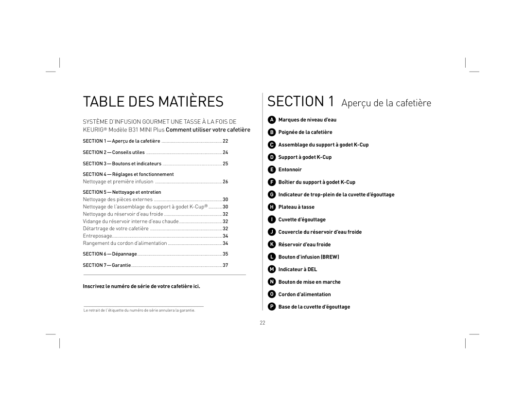 Keurig KB31 owner manual Table DES Matières, Aperçu de la cafetière 