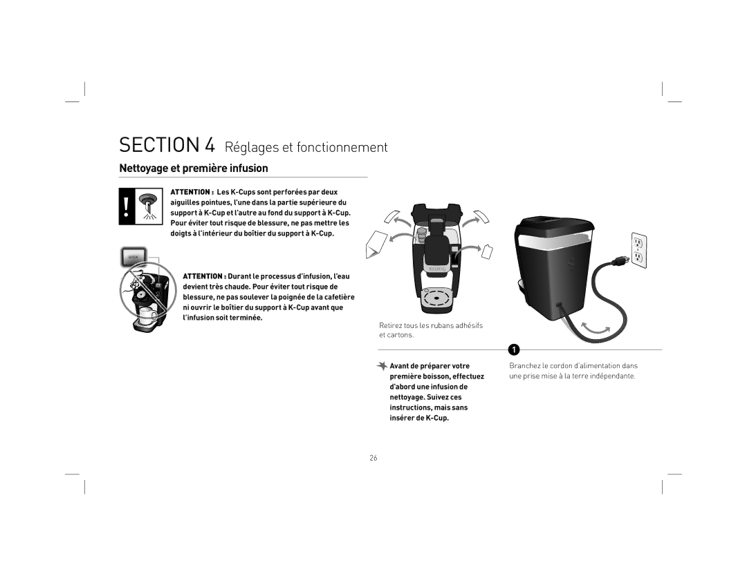 Keurig KB31 owner manual Réglages et fonctionnement, Nettoyage et première infusion 