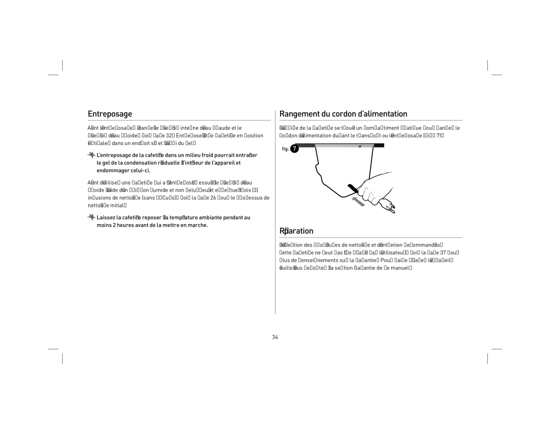 Keurig KB31 owner manual Entreposage, Rangement du cordon d’alimentation, Réparation 