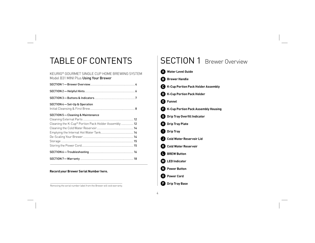 Keurig KB31 owner manual Table of Contents 