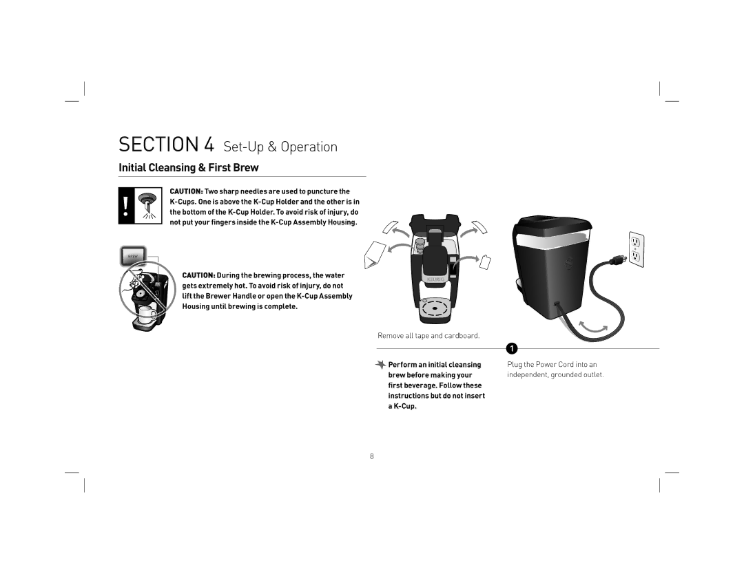 Keurig KB31 owner manual Set-Up & Operation, Initial Cleansing & First Brew 