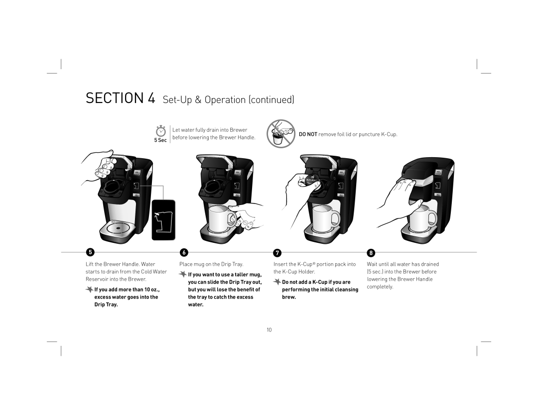 Keurig KB31 owner manual Set-Up & Operation continued, If you add more than 10 oz., excess water goes into the Drip Tray 