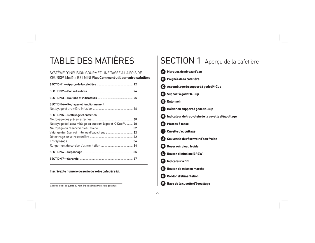 Keurig KB31 owner manual Table Des Matières, Aperçu de la cafetière, Système D’Infusion Gourmet Une Tasse À La Fois De 