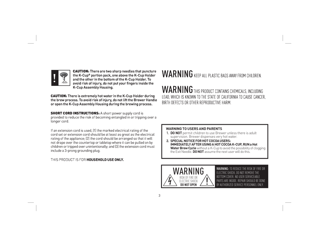 Keurig KB31 owner manual Warning Keep All Plastic Bags Away From Children, Warning To Users And Parents, Do Not Open 