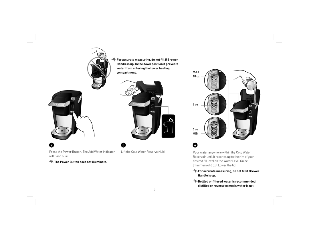 Keurig KB31 owner manual The Power Button does not illuminate, For accurate measuring, do not fill if Brewer Handle is up 