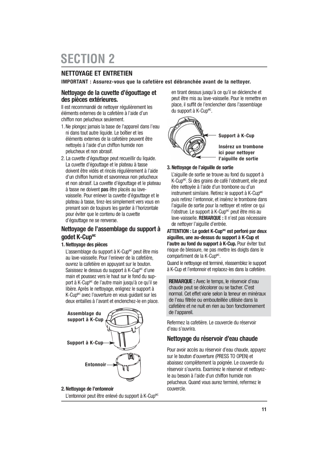 Keurig b09773, Mini-Brewers manual Nettoyage de l’assemblage du support à godet K-CupMC, Nettoyage du réservoir d’eau chaude 