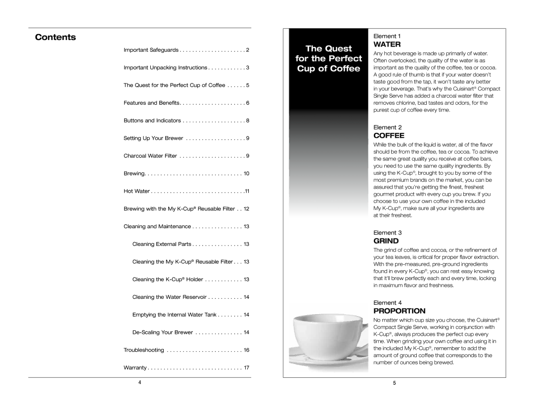 Keurig SS-300C manual Contents, Quest For the Perfect Cup of Coffee 