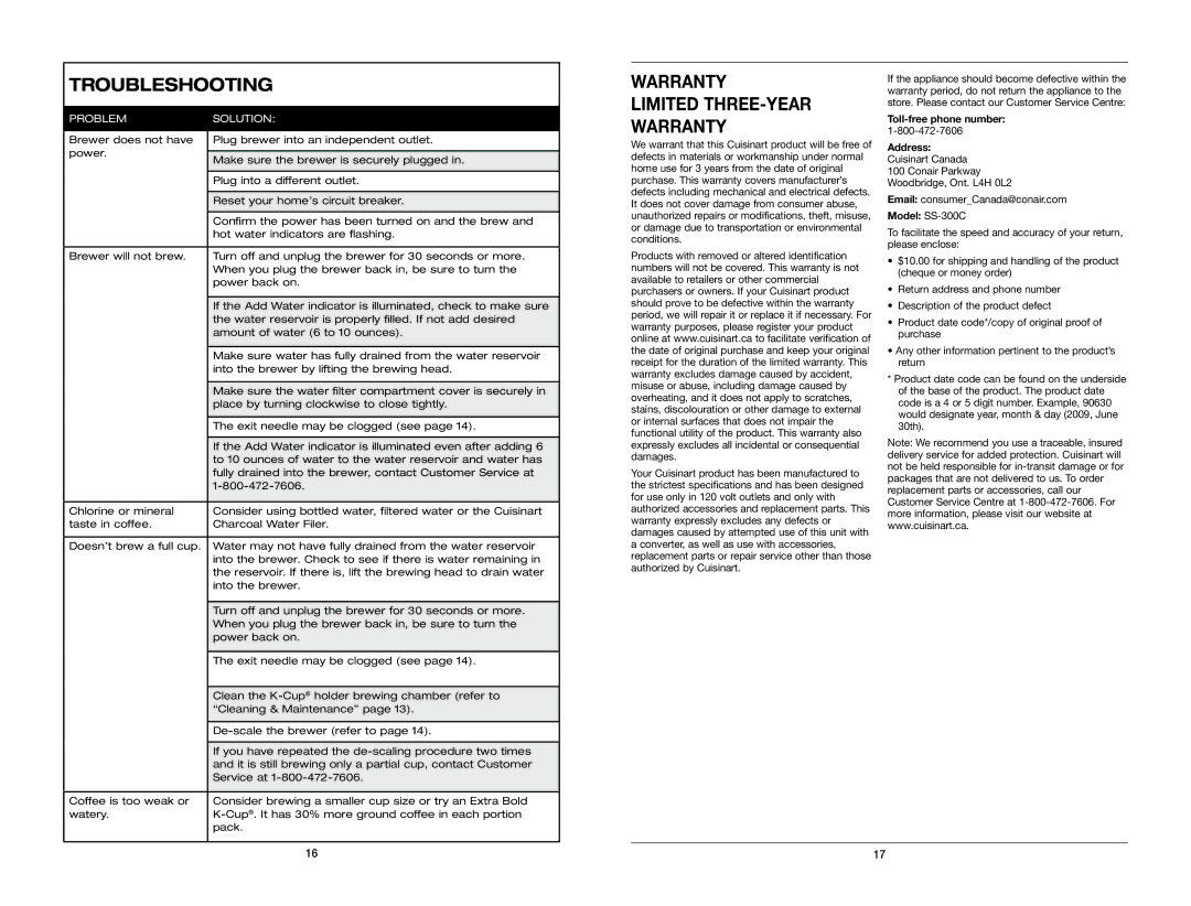 Keurig SS-300C manual Troubleshooting 