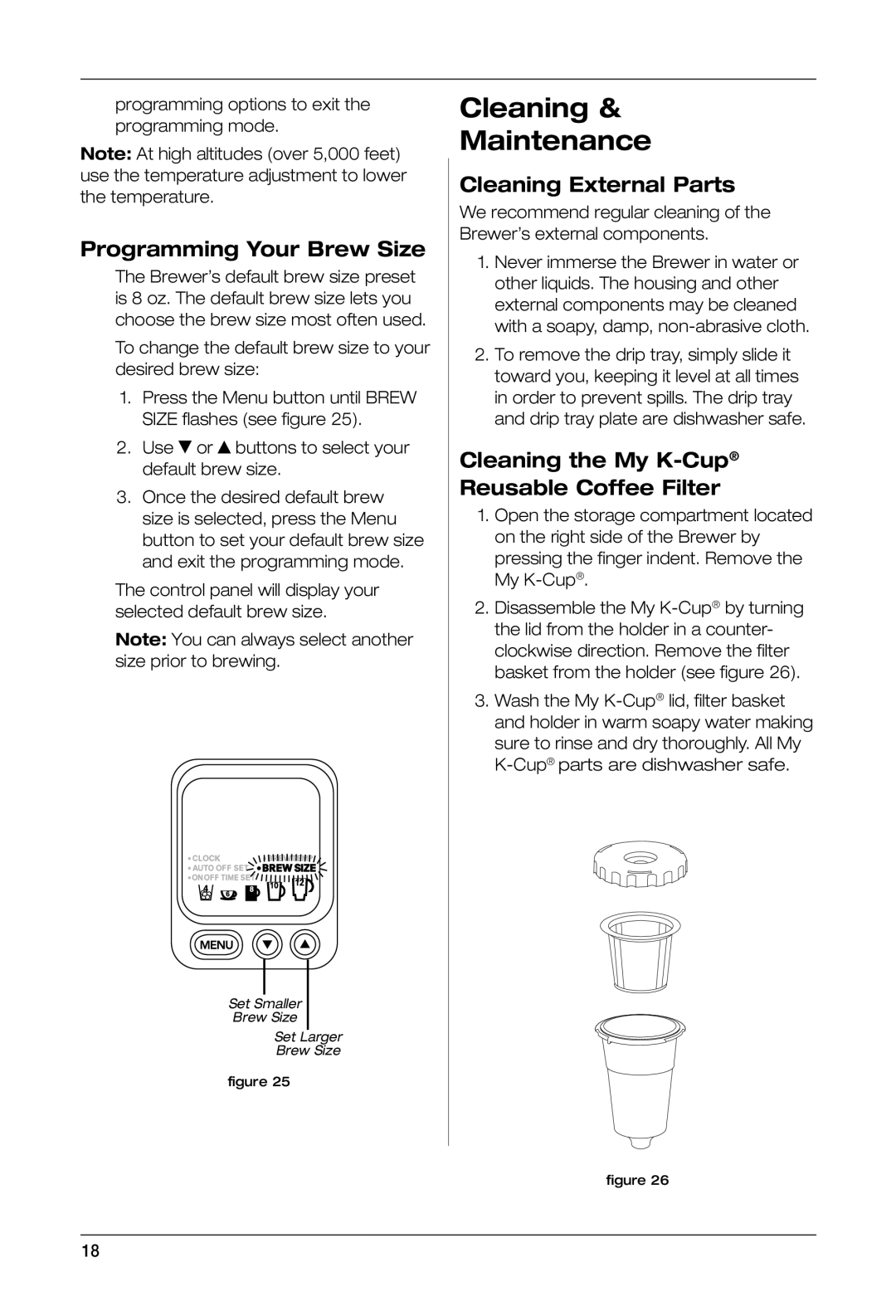 Keurig SS-700BK manual Cleaning Maintenance, Programming Your Brew Size, Cleaning External Parts 