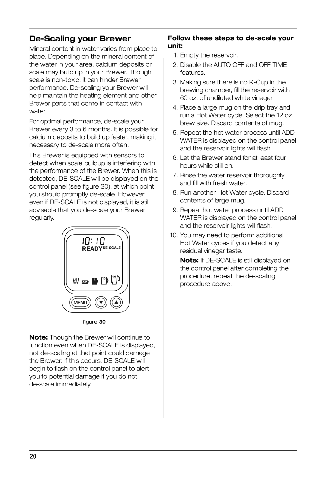 Keurig SS-700BK manual De-Scaling your Brewer, Follow these steps to de-scale your unit 