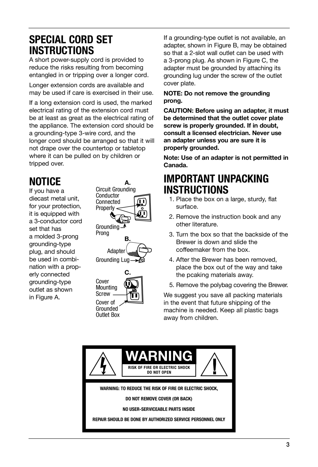 Keurig SS-700BK manual Special Cord SET Instructions 