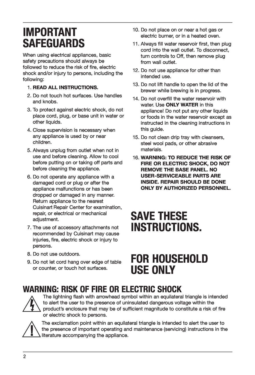 Keurig SS-700 manual For Household Use Only, Warning Risk Of Fire Or Electric Shock, Safeguards, Save These Instructions 