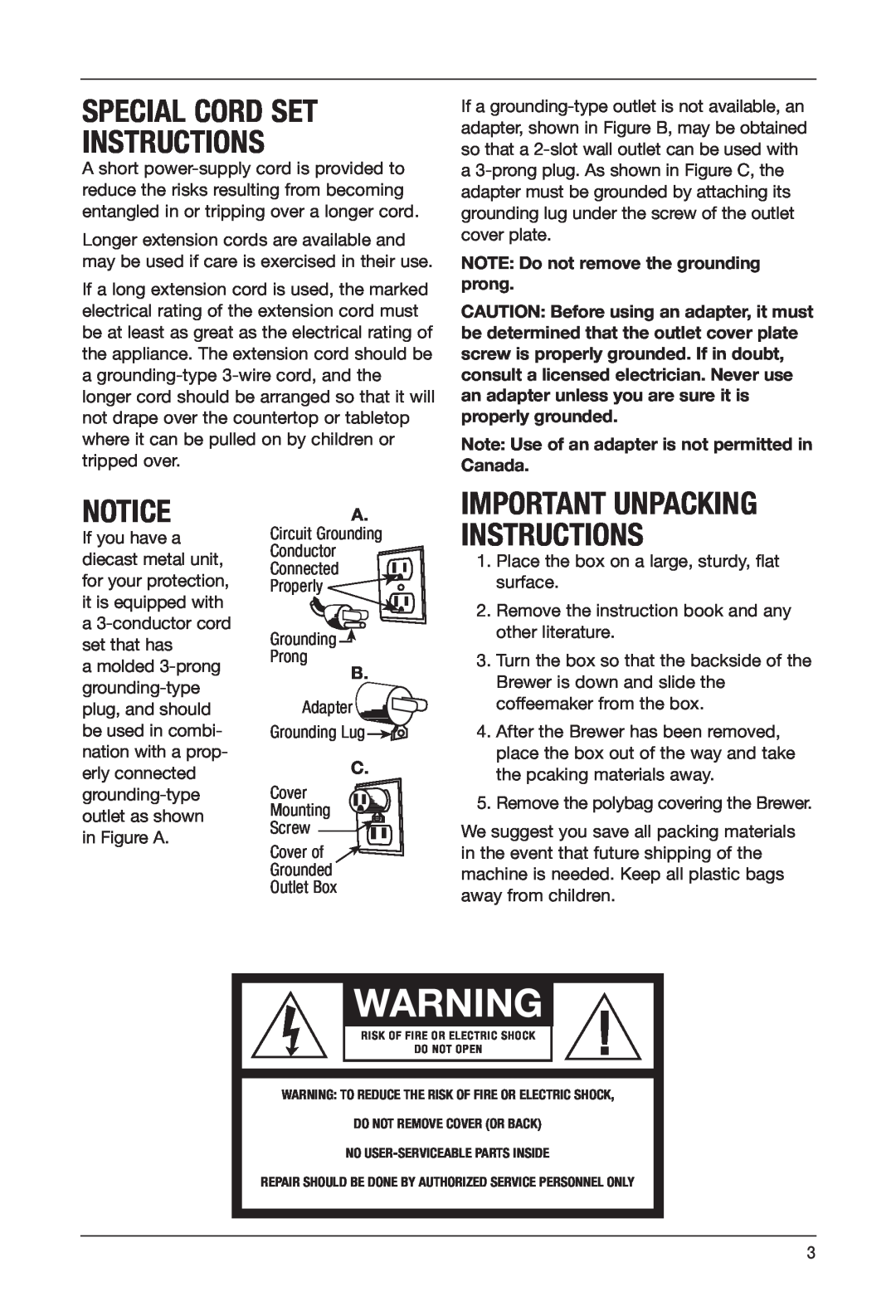 Keurig SS-700BK Special Cord Set Instructions, Important Unpacking Instructions, NOTE Do not remove the grounding prong 