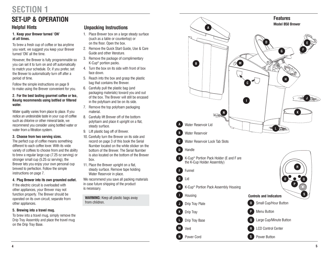 Keurig Ultra B50 user service SET-UP & Operation, Helpful Hints Unpacking Instructions Features 