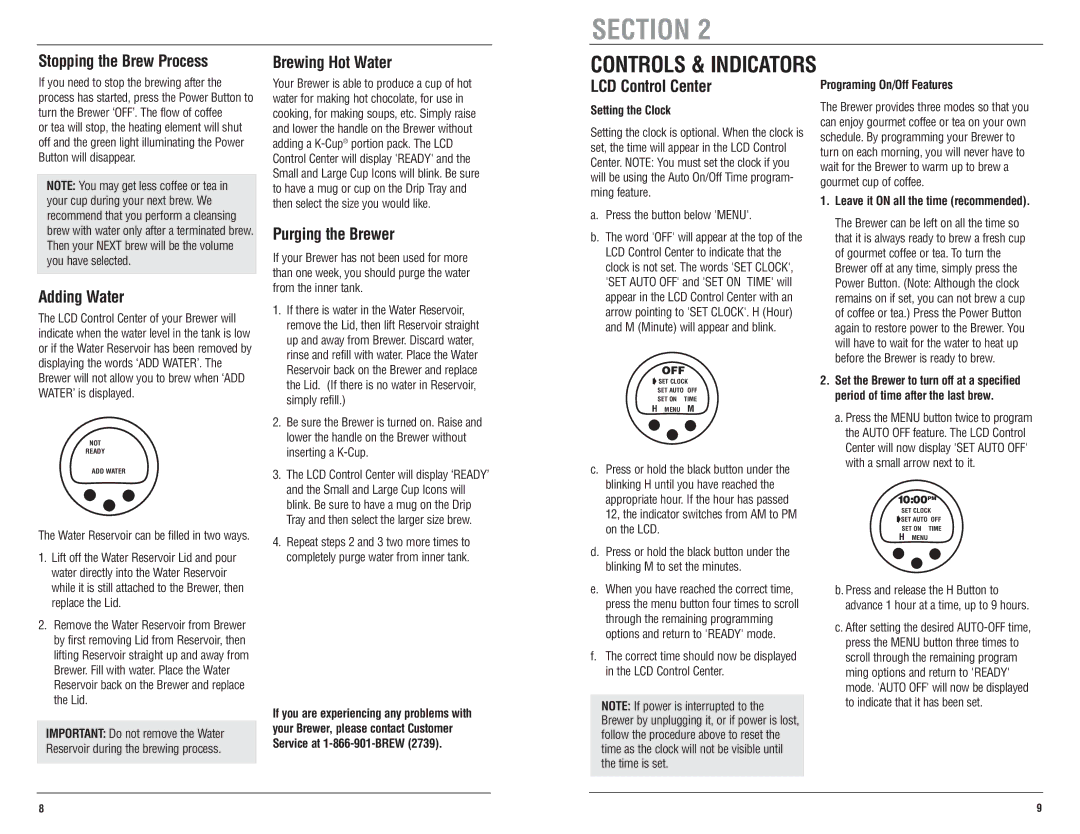 Keurig Ultra B50 Controls & Indicators, Stopping the Brew Process Brewing Hot Water, Adding Water, Purging the Brewer 