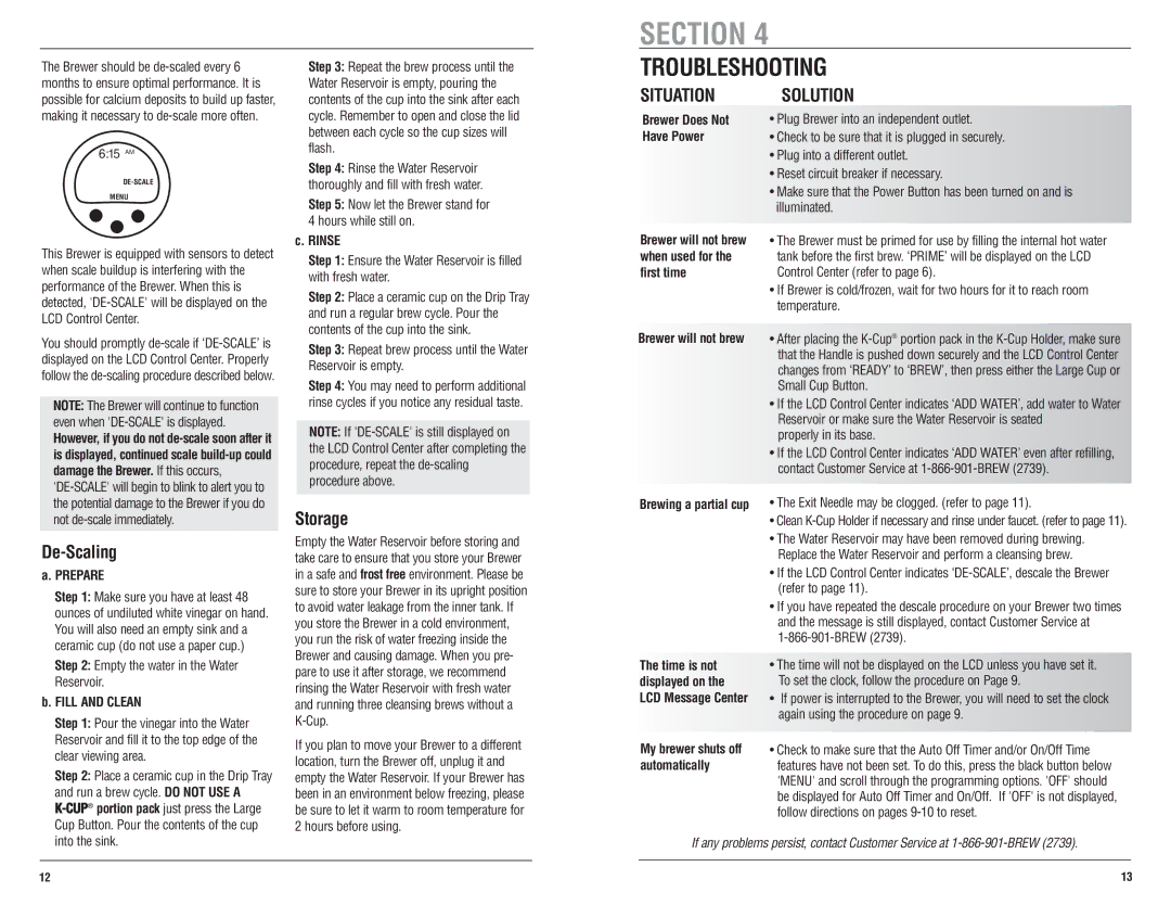 Keurig Ultra B50 user service Troubleshooting, De-Scaling, Storage 