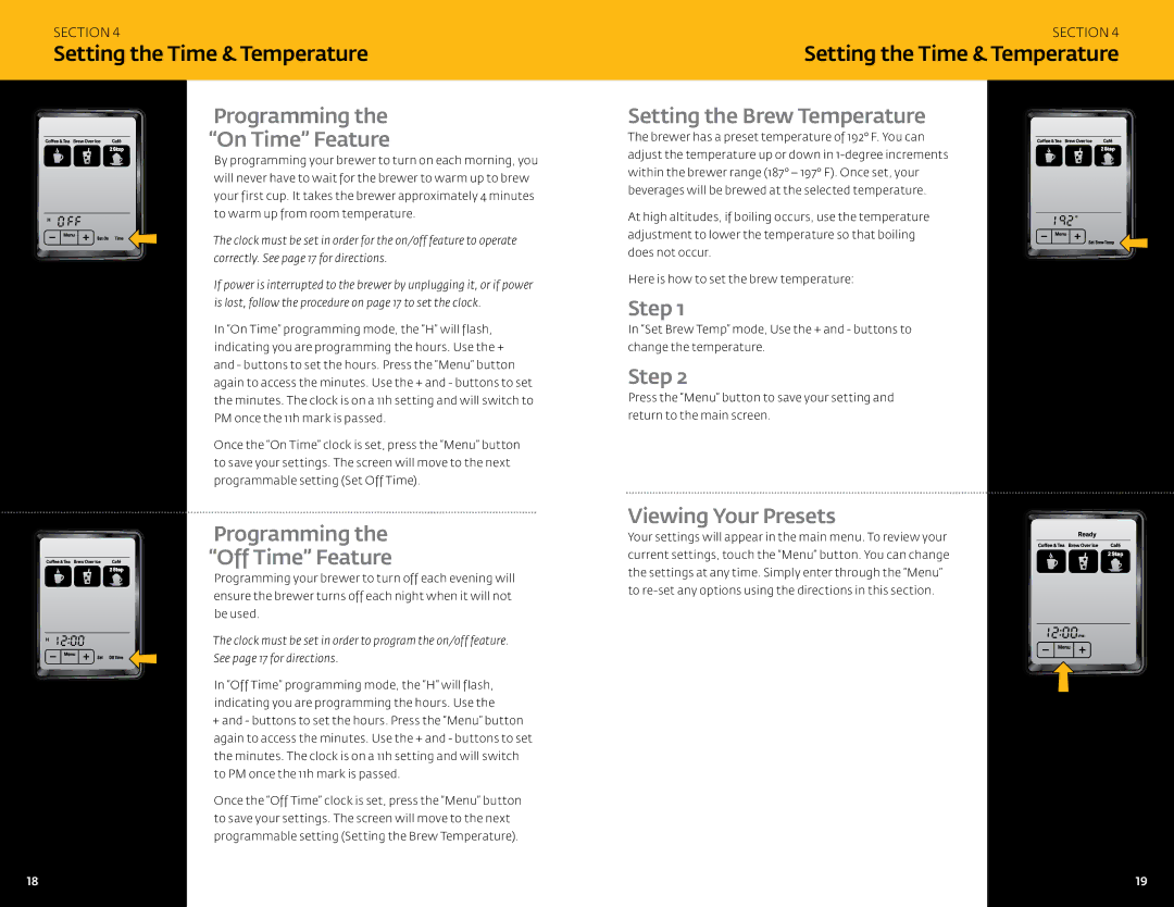 Keurig V500 Programming On Time Feature, Programming Off Time Feature, Setting the Brew Temperature, Viewing Your Presets 