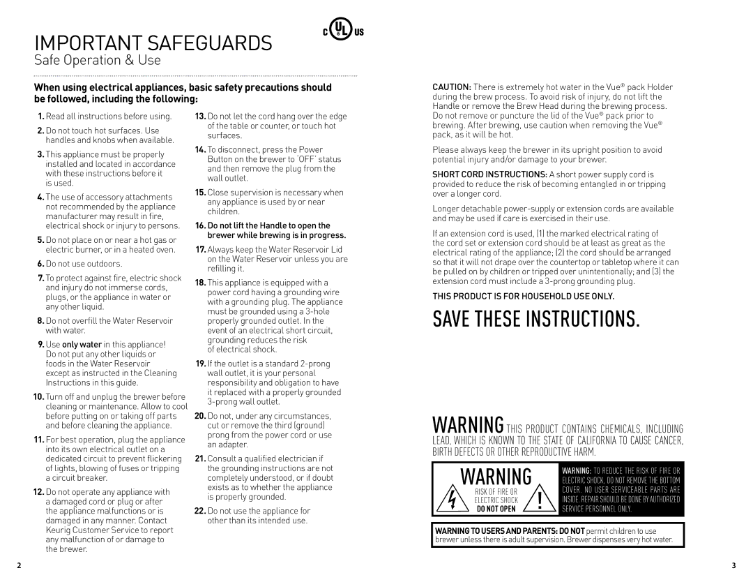 Keurig V500 manual Important Safeguards 