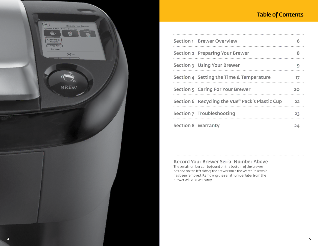 Keurig V500 manual Table of Contents 