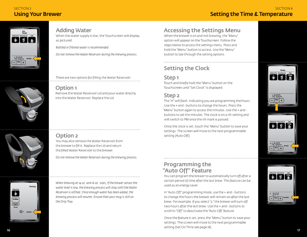 Keurig V500 manual Adding Water, Option, Accessing the Settings Menu, Setting the Clock Step, Programming Auto Off Feature 