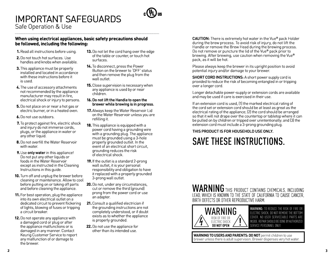 Keurig V500 manual Save These Instructions, Important Safeguards, Safe Operation & Use 