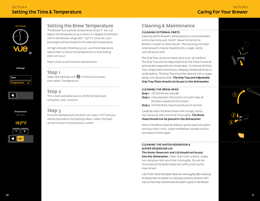 Keurig V700 manual Caring For Your Brewer, Setting the Brew Temperature, Cleaning & Maintenance 