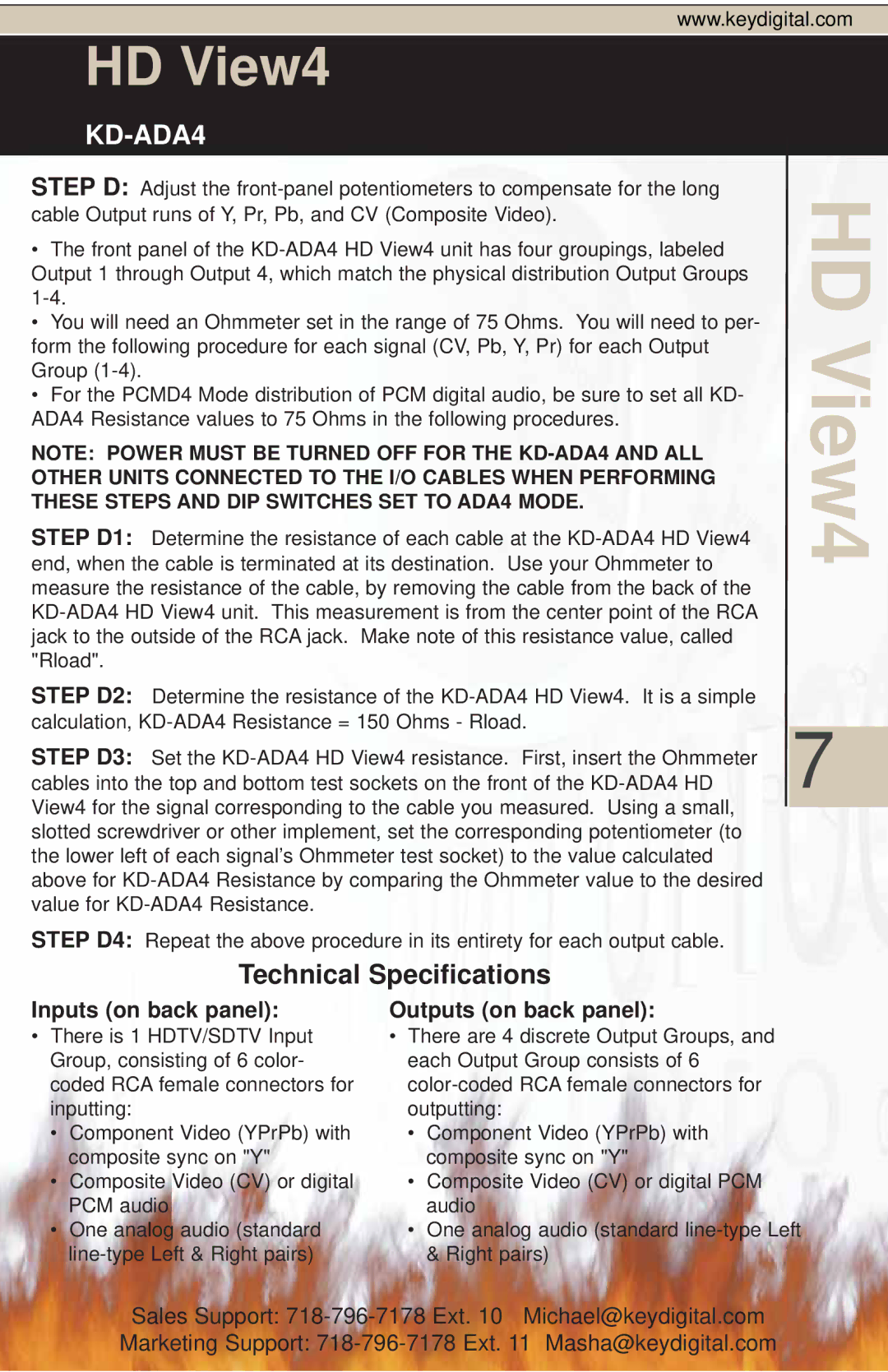 Key Digital KD-ADA4 manual Technical Specifications, Inputs on back panel 