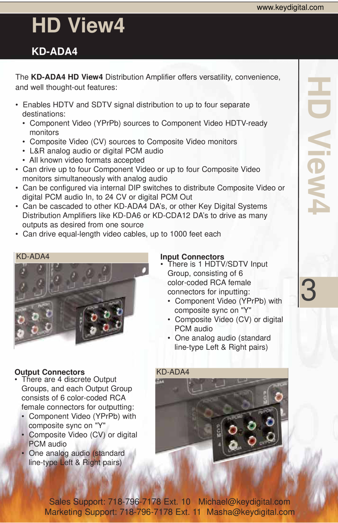 Key Digital KD-ADA4 manual HD View4, Input Connectors, Output Connectors 