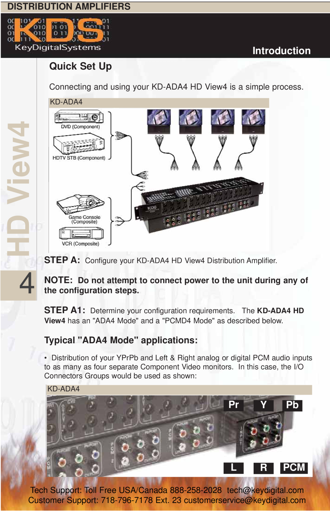 Key Digital KD-ADA4 Quick Set Up, Pr Y Pb L R PCM, Typical ADA4 Mode applications, Introduction, Distribution Amplifiers 