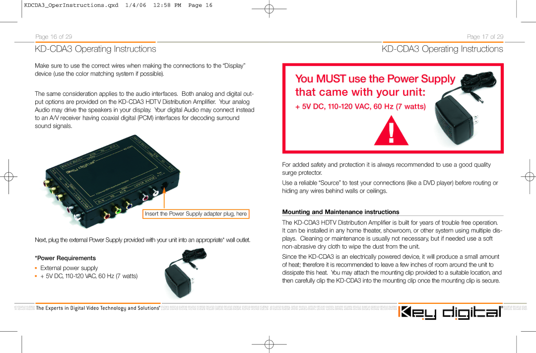 Key Digital KD-CDA3 manual You Must use the Power Supply that came with your unit, Mounting and Maintenance instructions 