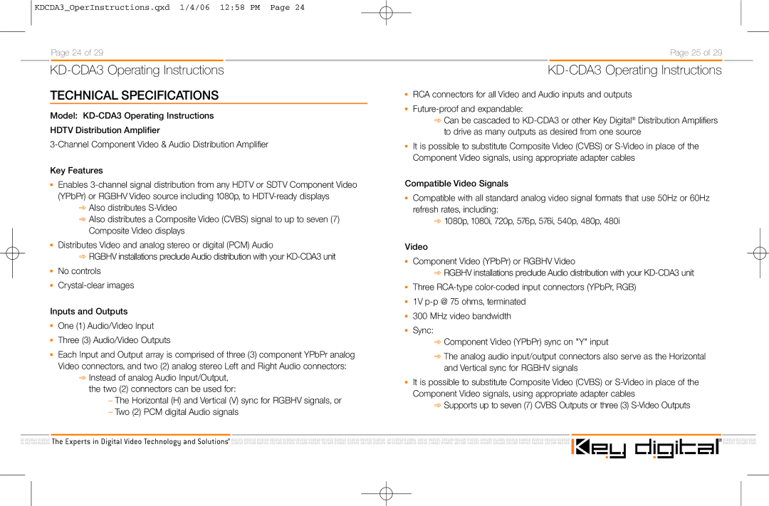 Key Digital KD-CDA3 manual Technical Specifications, Channel Component Video & Audio Distribution Amplifier 