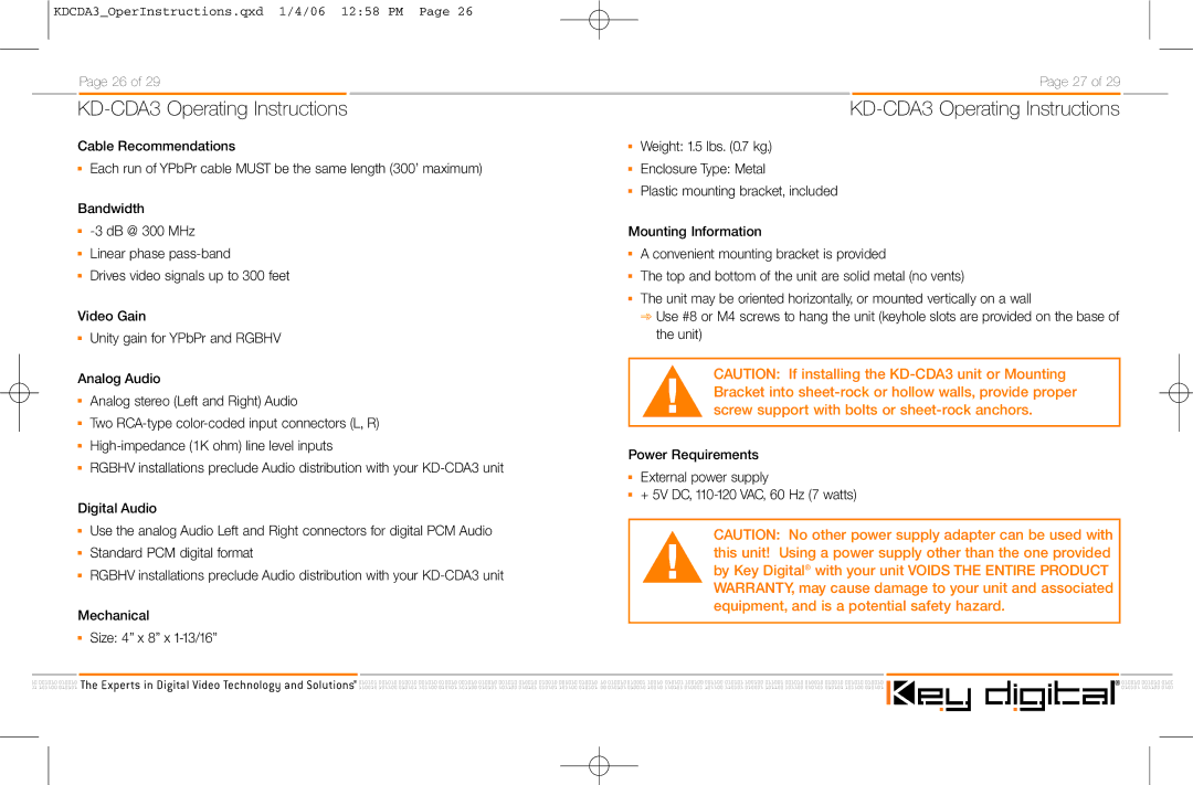 Key Digital KD-CDA3 manual Each run of YPbPr cable Must be the same length 300’ maximum 