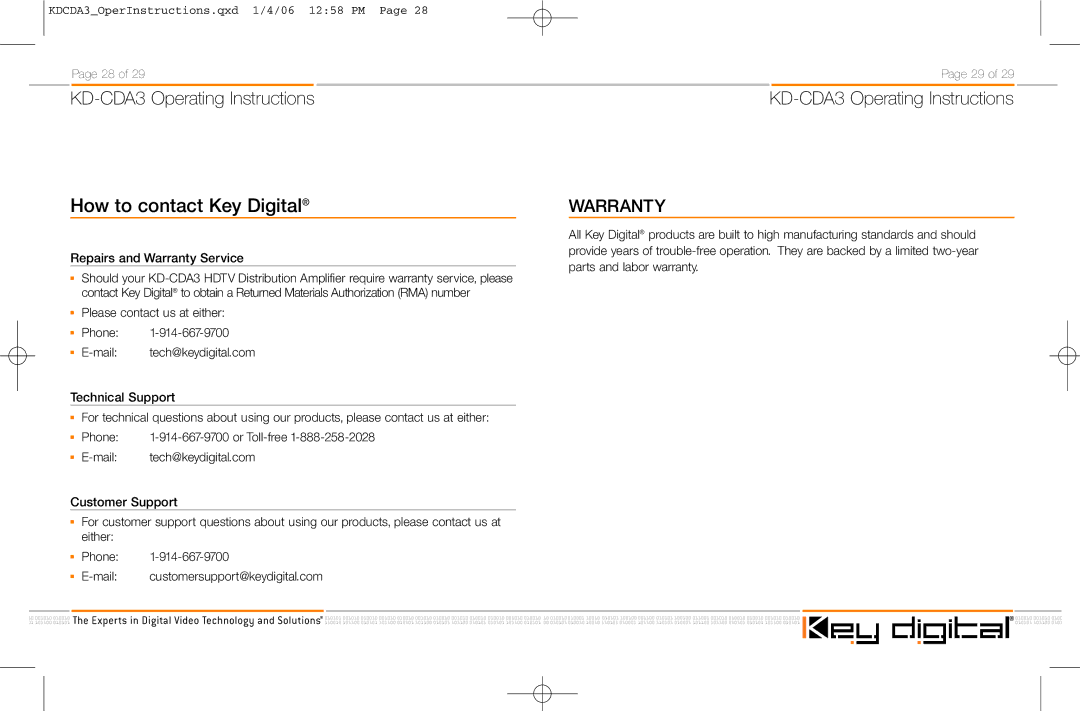 Key Digital manual KD-CDA3 Operating Instructions How to contact Key Digital, Warranty 