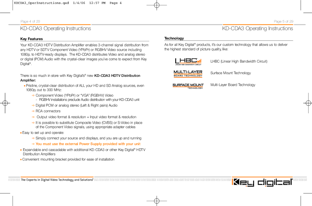 Key Digital KD-CDA3 manual Key Features, Technology 