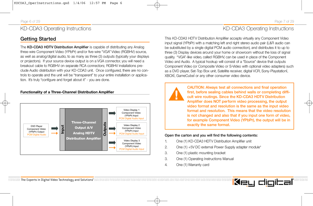 Key Digital KD-CDA3 manual Functionality of a Three-Channel Distribution Amplifier, Outputs, Input 