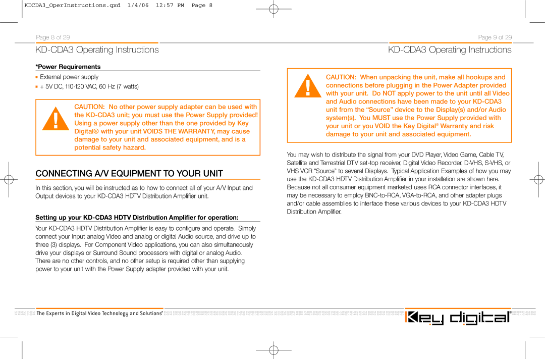 Key Digital KD-CDA3 manual Connecting A/V Equipment to Your Unit, Power Requirements 